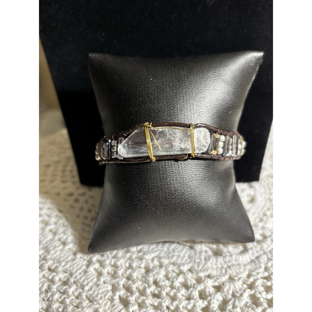 Wire Wrapped Raw Quartz &  Iridescent Emerald Cut Stones - Bracelet Button Clasp